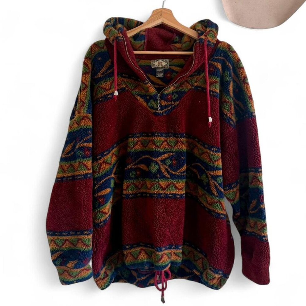 VINTAGE EXP MAROON BOHO WINTER SWEATER HOODED MENS SIZE LARGE